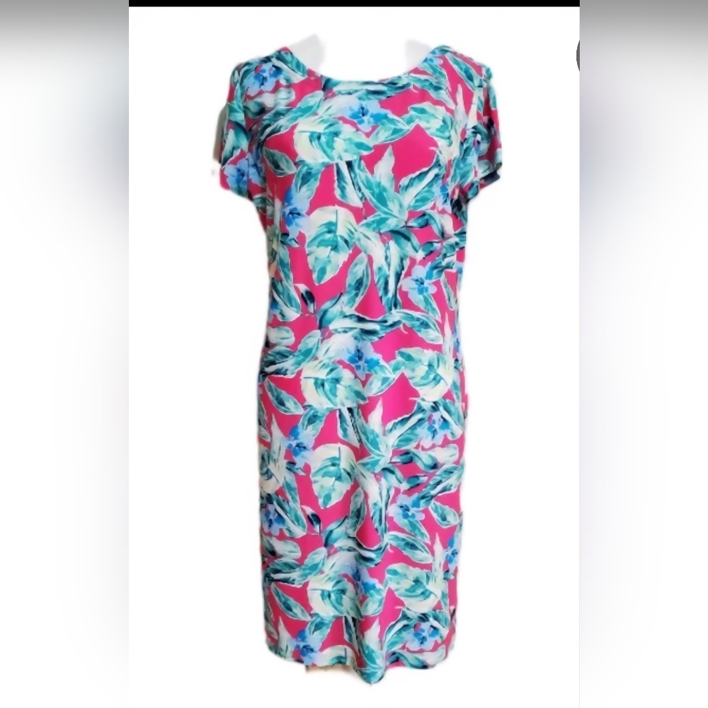 Pappagallo Pink and Blue Floral T-Shirt Dress Short Sleeve Size Large